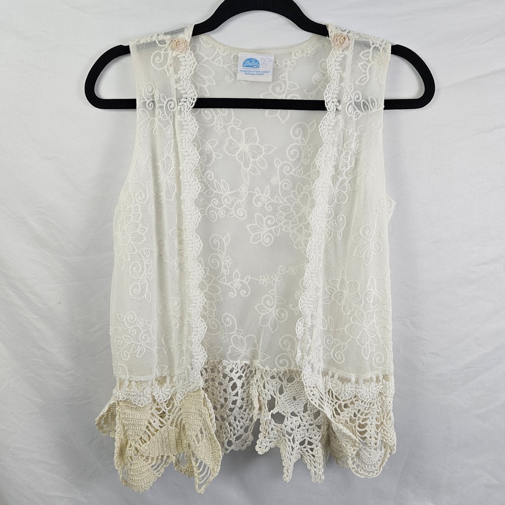 Crochet Lace Vest Ruffled Womens Small Cream Boho Festival Cottagecore Waif